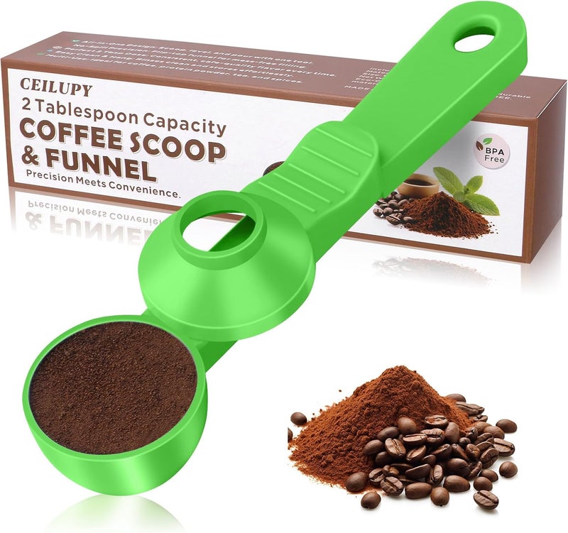 CEILUPY 2-in-1 Coffee Scoop with Funnel, 2 Teaspoon Measuring Spoon for Reusable K Cups, Ground Coffee, Protein Powder & Tea, Mess-Free Plastic Design (Green) - Image 1